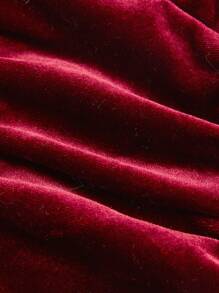 SHEIN MOD Square Collar Ruched Waist Long Sleeve Velvet Burgundy Dress - Burgundy - View 4