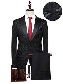 Manfinity Mode 男士對比色西裝套裝，配有亮片刺繡下襬翻領西裝外套和修身長褲，適合派對穿著 - 黑色 - 查看 1
