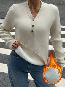 SHEIN Essnce Winter Sweater Beige Sweater Knitted Women Sweater Thanksgiving Sweater Women's Solid Color Button Half Placket V-Neck Long Sleeve Fleece Sweater, Autumn/Winter