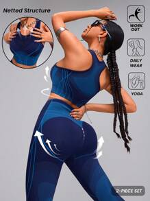 Innovista 2pcs Seamless 3d Jacquard Flowing Lines With Netted Structure Sport Woman Sets,Dynamic Stripes Seamless Middle Support Racerback Push Up Sports Bra & Workout Biker Leggings Set,Yoga Gym,High Waist Leggings Sets,Blue Sets,Fall Winter Wear - Navy Blue - View 1