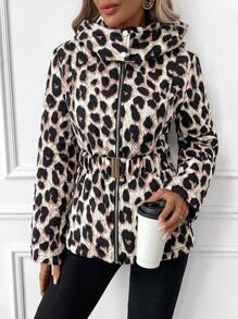 SHEIN Clasi Women's Leopard Print Thickened Lined Hooded Winter Parka Jacket, Waist-Cinched With Metal Buckle Decoration, Elegant - Multicolor - View 6