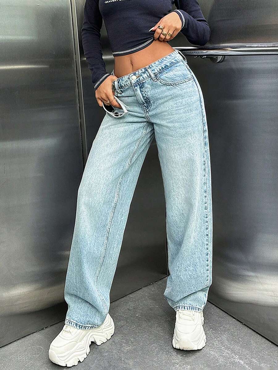 EURMUSE 女士直筒低腰牛仔裤 - 淺色水洗藍 - 查看 1