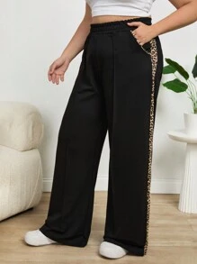 EURMUSE Plus Size Solid Color Patchwork Simple Long Pants, Casual For Daily Wear - Black - View 3