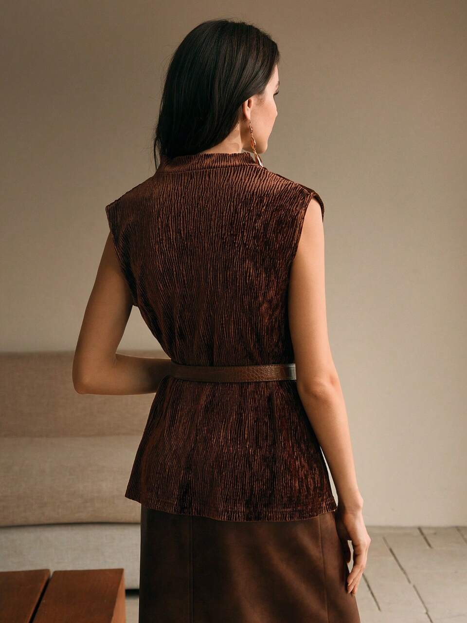 Velvet Striped Texture Retro Style Belt, Cowl Neck Women Tank Top , Suitable New Year Women
