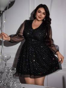 SHEIN Privé 大码女式黑色亮片撞色网眼拼接连衣裙