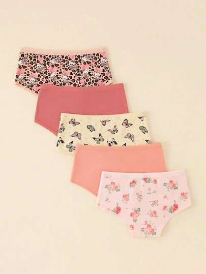 5pcs Tween Girls Minimalist Fashion Heart & Bow Dot Print Comfy Cotton Briefs, Tween Girl Cartoon Underwear Holiday Travel Releax Summer Clothes
