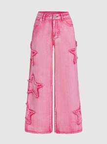 SHEIN MOD MOD 女士甜美版直筒牛仔裤，粉色，情人节服装，情人节裤子，情人节宽松牛仔裤 - 粉色 - 查看 3