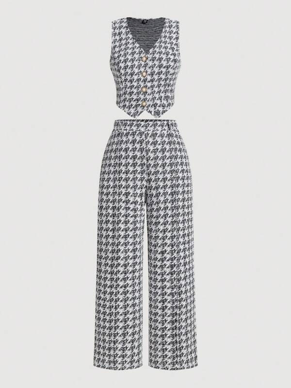 SHEIN MOD Plus Size Women 2pcs Set Vintage Tweed Houndstooth Vest & Pants