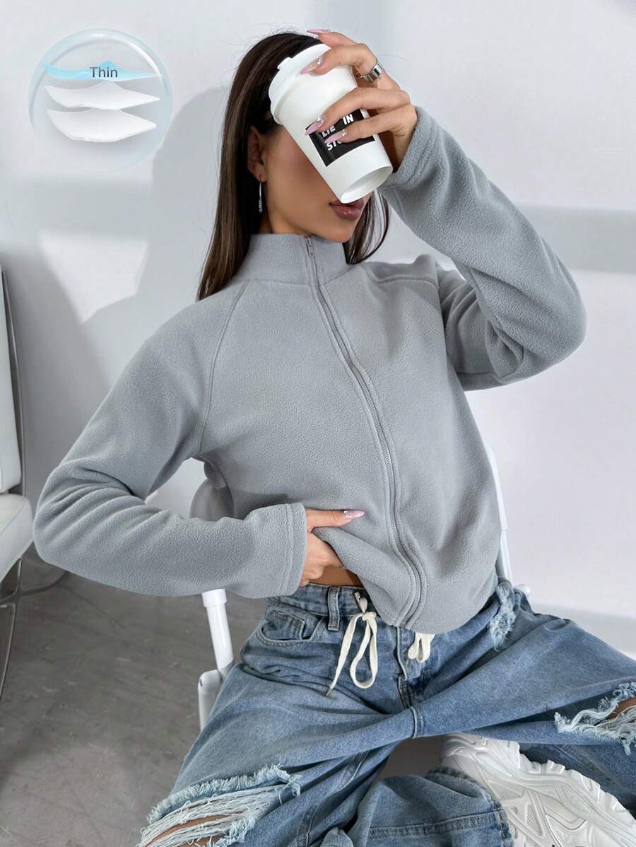 Flirla Plush Zipper Jacket With Lapel Collar And Slim Fit Fall Winter Cloth For Women - Grey - View 1