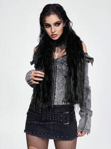 ROMWE Grunge Punk 1 件简单纯色毛绒围巾，Y2K 温暖毛茸茸超长围巾，厚厚的日常围巾 - 黑色 - 查看 1