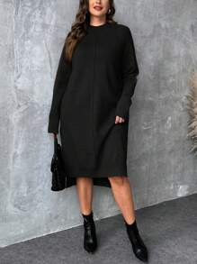 EMERY ROSE Plus Size Bodycon Turtleneck Sweater Dress With Side Slit Design, High-Low Hem, Color-Blocked Sleeves. Made With Multicolored Yarn For A Comfortable And High-Quality Feel.Parties, Music Festivals, Home Wear, Back-To-School Events, Gifting, And Shopping.Turtleneck Sweater,Winter Women Dress,Elegant Women Dresses,Fall Clothes Curve,Winter Clothes,Office Dress,Classy Dress,Elegant Dresses - Black - View 3