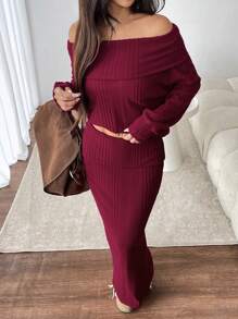 INAWLY 2件套休闲女式纯色露肩长袖上衣和裙子套装 - 酒紅色 - 查看 6