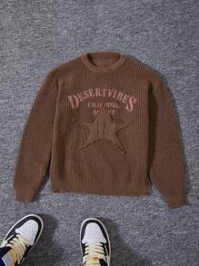 Sweater Streetwear untuk Anak Laki-Laki Remaja, dengan Aplikasi Bintang 3D dan Desain Ujung Berumbai. Terbuat dari Rajutan Tebal untuk Kehangatan, Cocok untuk Musim Gugur dan Musim Dingin. - Coffee Brown - View 1
