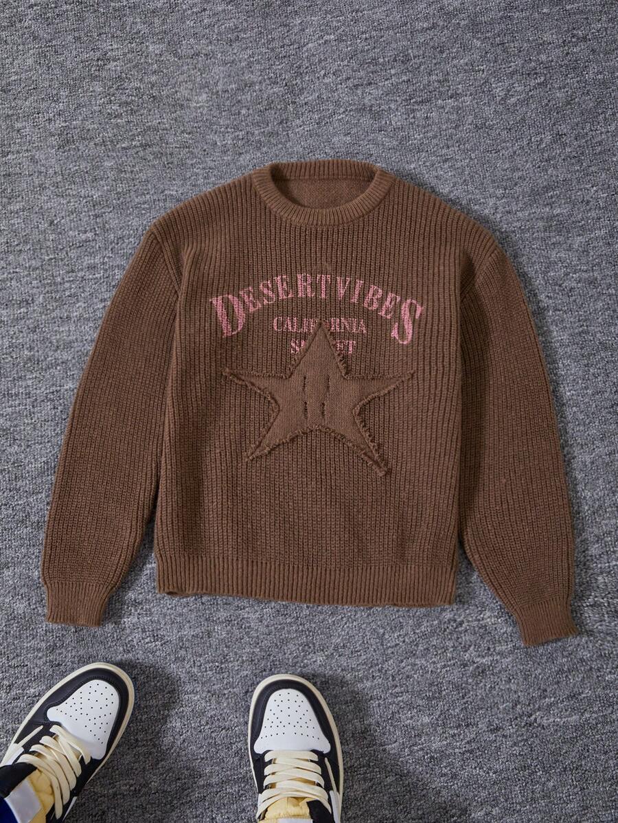 Sweater Streetwear untuk Anak Laki-Laki Remaja, dengan Aplikasi Bintang 3D dan Desain Ujung Berumbai. Terbuat dari Rajutan Tebal untuk Kehangatan, Cocok untuk Musim Gugur dan Musim Dingin. - Coffee Brown - View 1