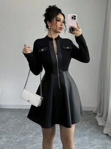 Chiquease 春秋时尚 PU 拼布腰部修身性感中长 A 字连衣裙