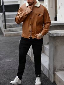 Manfinity Homme Men's Casual Contrast Color Fur Collar Jacket, Autumn/Winter - Khaki - View 5