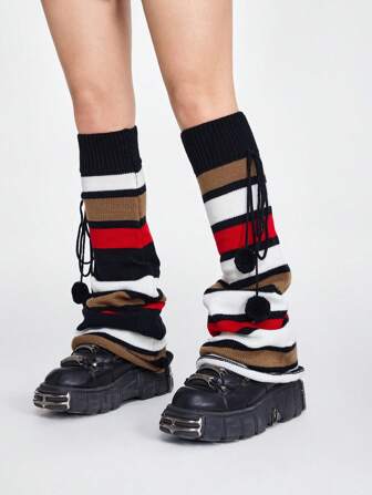 Anime 1 par de calentadores de pierna de 60cm de largo, con diseño de parches multicolor y pompones, adecuados para todas las estaciones, para mujeres