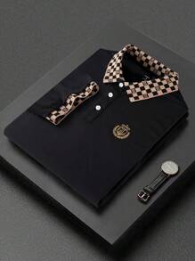 Manfinity Mode Men's Solid Color Contrast Placket Long Sleeve Printed Casual Polo Shirt - Black - View 1