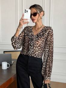 SHEIN Frenchy 女式秋季宽松豹纹荷叶边长袖衬衫 - 彩色 - 查看 6