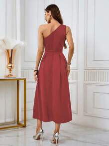 SHEIN Belle Women's Elegant Solid Color One Shoulder Cocktail Party Dress For New Year, Wedding Guest Dress - Red - View 2