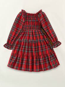 SHEIN Girls' Cotton Ruffled Collar Puff Sleeve Layered Hem Plaid Dress, Red