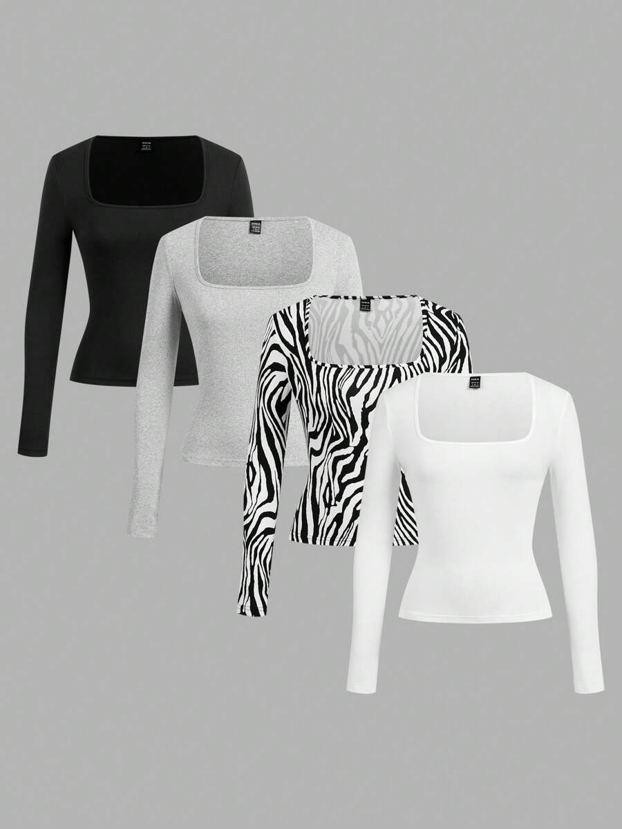 SHEIN Essnce 4pcs Square Neck Tee - Multicolor - View 1