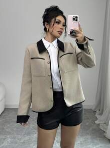 Chiquease Áo khoác ngắn Colorblock có nút kim loại, phù hợp với người nhỏ nhắn, mùa thu/đông - Màu Khaki - Xem 1