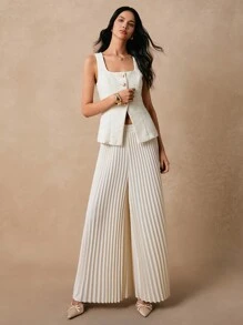 Poéselle 女款杏色优雅通勤前金属扣背心和阔腿褶皱裤两件套，商务休闲女装，优雅西装，粗花呢西装，褶皱裤套装，适合职场外出装扮 - 杏色 - 查看 5