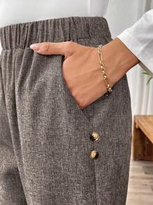 EMERY ROSE 女士编织纹理纽扣装饰口袋 7/8 裤，休闲优雅 - 棕色 - 查看 5