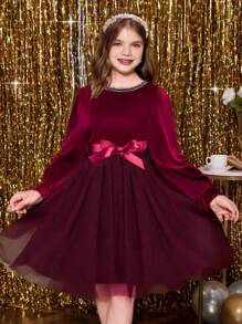 Robe de soirée élégante pour préadolescentes en velours, patchwork, pailletée et en maille, pour Noël, automne/hiver