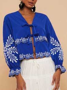 Travachic Vacation Blue Embroidered Long Sleeve Shirt,Tie Up Long Sleeve Shirt - Blue - View 4