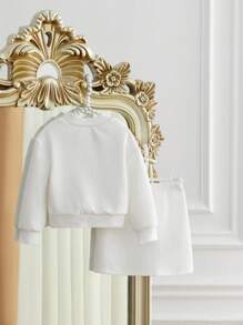 SHEIN 女婴甜美公主风格圆领蝴蝶结装饰上衣搭配不对称下摆和开衩裙套装，适合派对、秋冬季 - 白色 - 查看 2