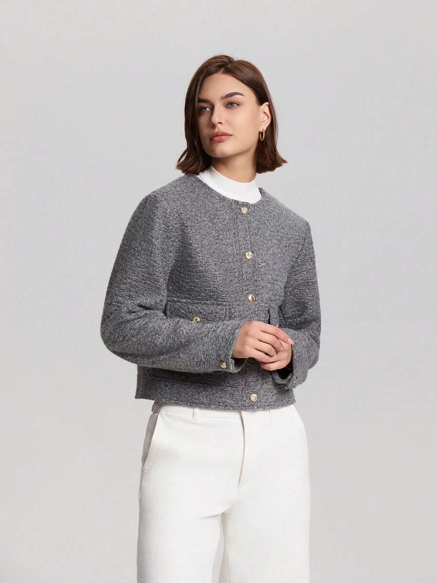 圆领长袖短夹克 - 灰色 - 查看 1