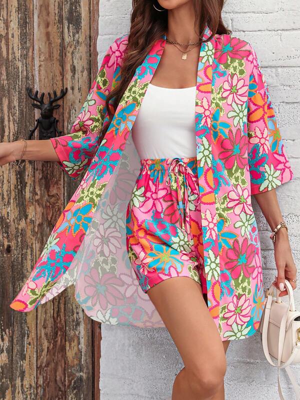 SHEIN LUNE Plus Size Pink Printed Top And Shorts Set For Summer Vacation,Holiday Outfits Boho