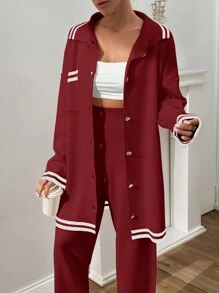 EURMUSE Women Stripe Pattern Pocket Detailed Front Button Cardigan & Sweater Pants Set - Burgundy - View 8