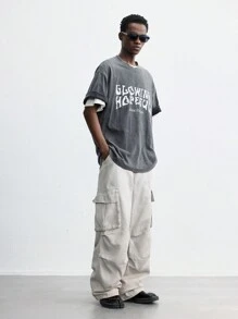 Maija Áo thun nam tay ngắn in chữ mới mùa xuân và mùa hè 2025, xử lý giặt, dáng rộng, đa năng, thời trang đường phố trẻ trung, thích hợp cho tiệc năm mới, ngày lễ, đi làm, mọi mùa - màu đen - Xem 2