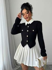 Elenzga Conjunto de chaqueta de manga larga de solapa única elegante y falda midi plisada para mujer