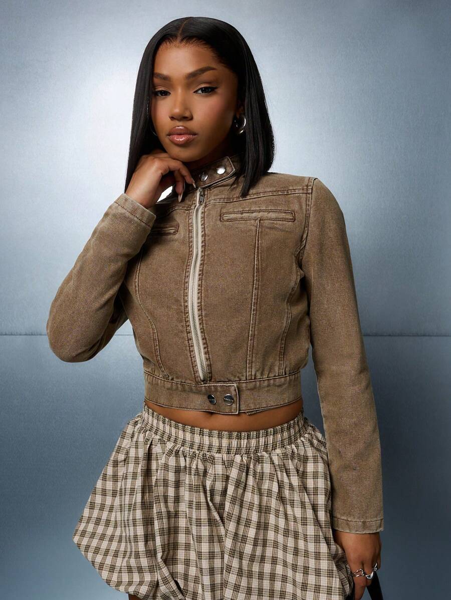 SUMWON WOMEN Cropped Moto Trucker Jacket Distressed Western Denim Outerwear Vintage Inspired Fashion Fall Winter Spring Zip Front Collar Street Style - Brown - View 1