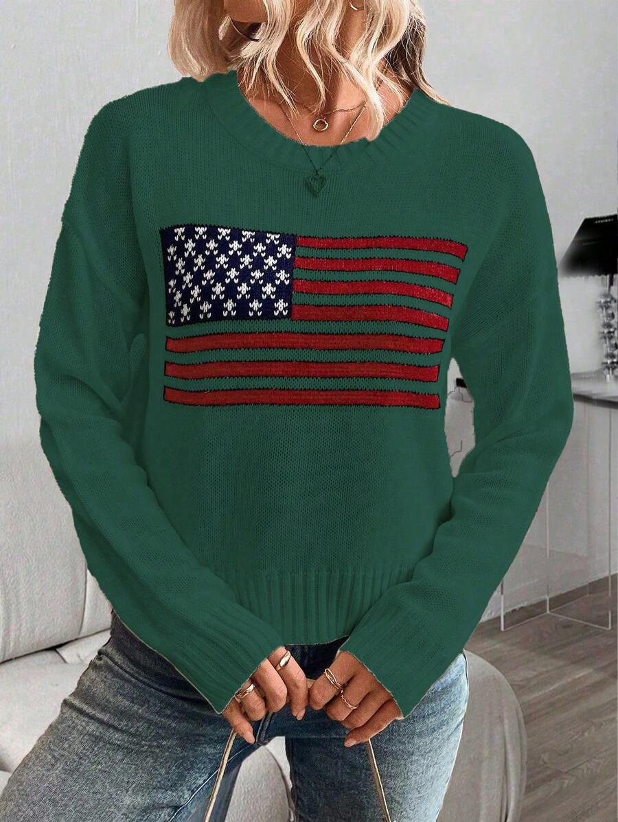 SHEIN LUNE 女式休闲落肩圆领美国国旗图案长袖针织毛衣，秋冬
