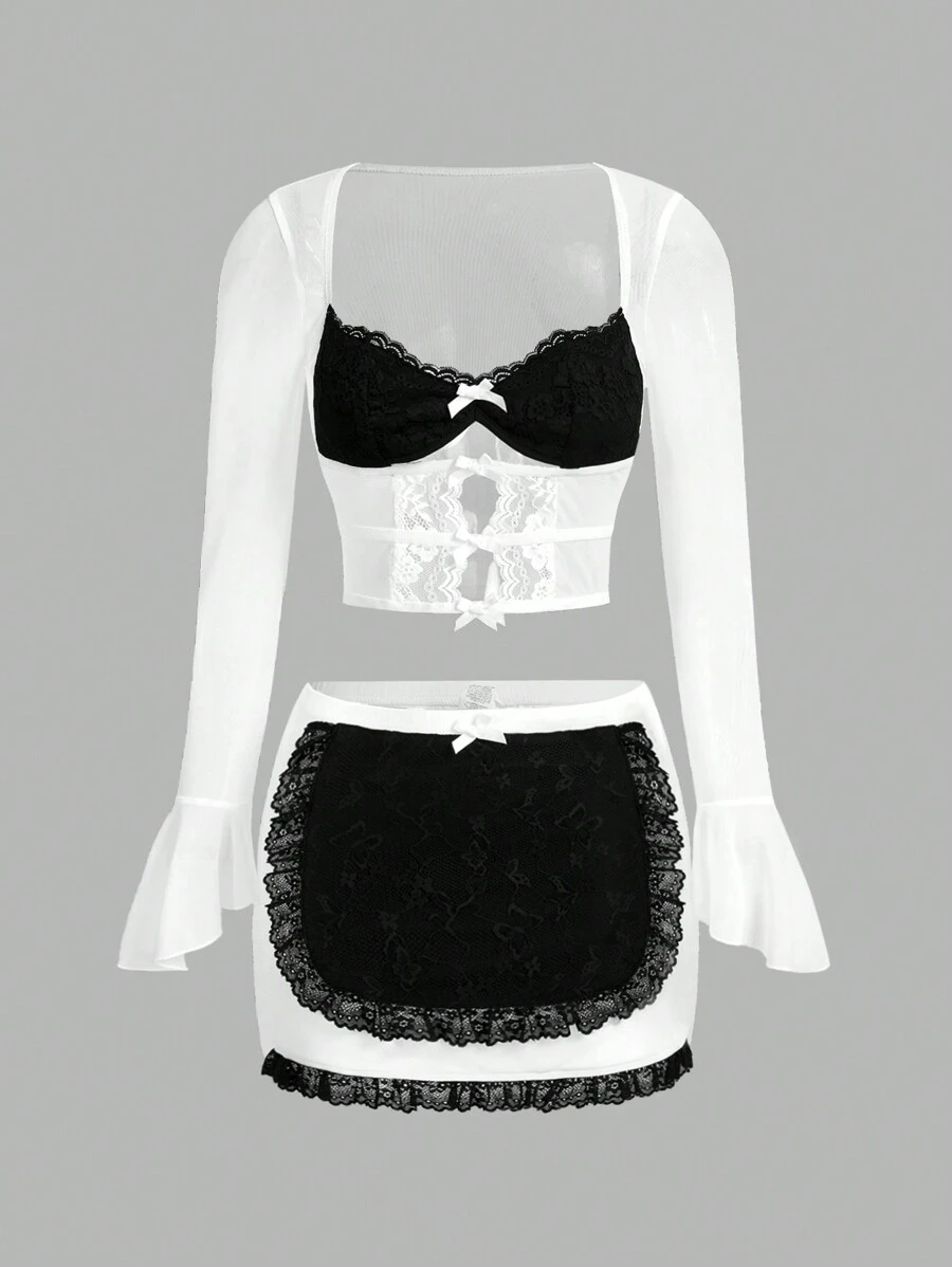 SHEIN ICON Trang phục Halloween gợi cảm Trang phục y tá Trang phục hầu gái cho nữ Áo lưới dài tay phối ren tương phản và váy midi đen cạp thấp - trắng - Xem 1