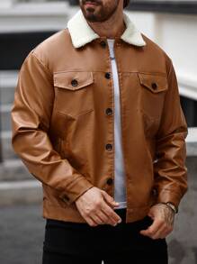 Manfinity Homme Men's Casual Contrast Color Fur Collar Jacket, Autumn/Winter - Khaki - View 4