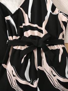 SHEIN Teen Girl Geometric Print Asymmetric Collar Long Sleeve Jacket And Wide Leg Jumpsuit Two-Piece Outfit, Elegant For Outing And Commuting