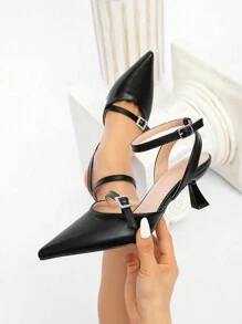 CUCCOO CHICEST Women's Black Pointed-Toe Low-Heel Rhinestone Square Buckle Skinny Strap Elegant High Heels Valentines - Black - View 6