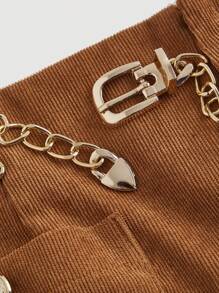 SHEIN MOD Plus Size Khaki Metal Buckle Embellished Pocket Woven Textured Mid Waist Metal Chain Belt Wide Leg Shorts - Brown - View 3