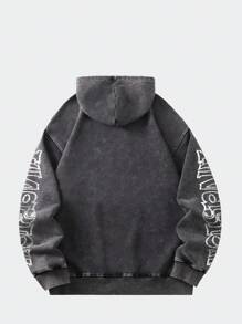 ROMWE MEN Street Life 男士水洗仿旧复古连帽衫，街头服饰 - 黑色 - 查看 2