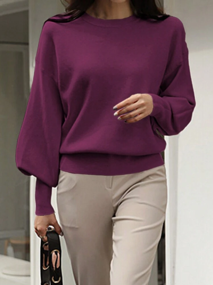 DAZY Jersey de cuello redondo de unicolor, ropa casual de moda para uso diario, ropa de otoño - Rojo violeta - Añade 3