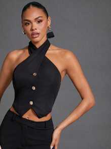 Hauture Halter Tie Back Black Top With Gold Buttons For Fall