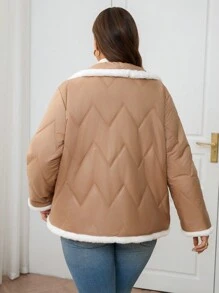 SHEIN Clasi Curvy Plus Size Women's White Fluffy Paneled Single Breasted Quilted Casual Jacket,Winter Fleece-Lined Coat For Hiking Outings,Abrigos - Apricot - View 4