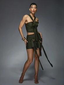 MISSGUIDED Gold Butterfly Detail Halter Neck Top And Ruched Mini SKirt Two Piece Co Ord Set - Army Green - View 1