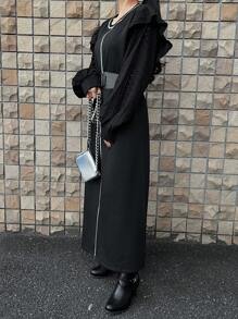 FRIFUL Women Ruffle Hem Color Block Midi Dress,Fall Dress - Black - View 7